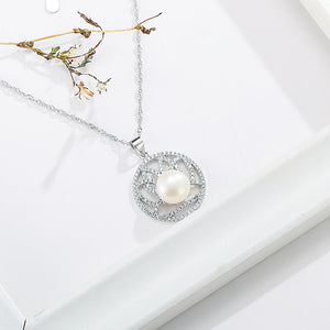 925 Sterling Silver Fashion and Elegant Geometric Pattern Round Freshwater Pearl Pendant with Cubic Zirconia and Necklace