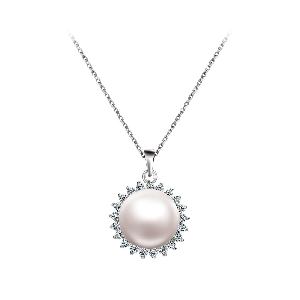 925 Sterling Silver Fashion and Elegant Geometric Freshwater Pearl Pendant with Cubic Zirconia and Necklace