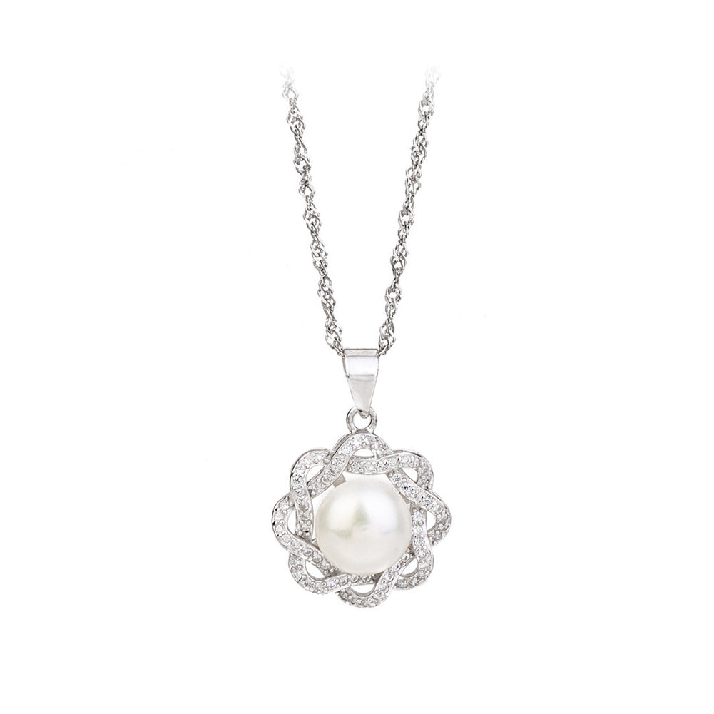 925 Sterling Silver Fashion and Elegant White Flower Freshwater Pearl Pendant with Cubic Zirconia and Necklace