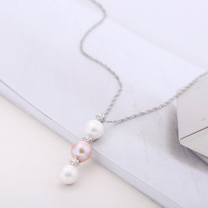 925 Sterling Silver Simple Fashion Geometric Round Bead Freshwater Pearl Pendant with Necklace