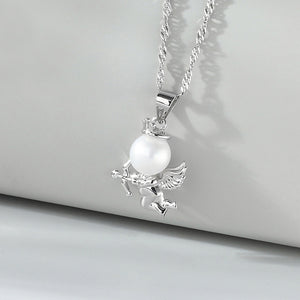 925 Sterling Silver Fashion Creative Cupid Angel White Freshwater Pearl Pendant with Necklace