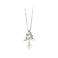 Load image into Gallery viewer, 925 Sterling Silver Fashion Creative Christmas Tree White Freshwater Pearl Pendant with Cubic Zirconia and Necklace