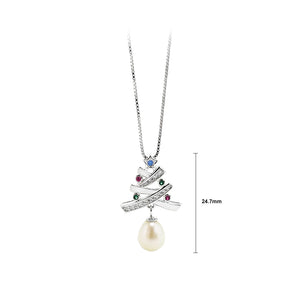 925 Sterling Silver Fashion Creative Christmas Tree White Freshwater Pearl Pendant with Cubic Zirconia and Necklace