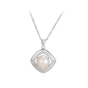 925 Sterling Silver Fashion Simple Geometric Diamond Freshwater Pearl Pendant with Cubic Zirconia and Necklace