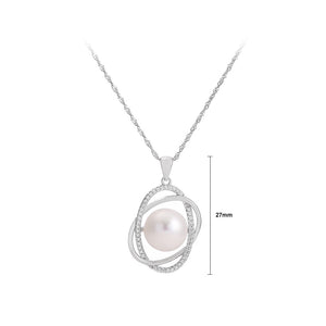 925 Sterling Silver Fashion Simple Geometric Double Round Freshwater Pearl Pendant with Cubic Zirconia and Necklace