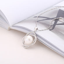 Load image into Gallery viewer, 925 Sterling Silver Fashion Simple Geometric Double Round Freshwater Pearl Pendant with Cubic Zirconia and Necklace