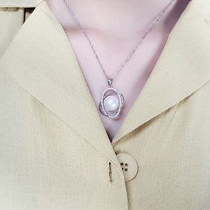 925 Sterling Silver Fashion Simple Geometric Double Round Freshwater Pearl Pendant with Cubic Zirconia and Necklace