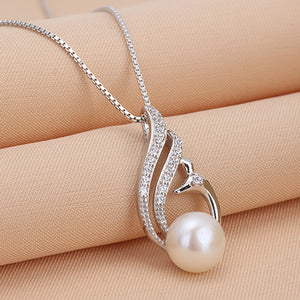 925 Sterling Silver Fashion and Elegant Swan Freshwater Pearl Pendant with Cubic Zirconia and Necklace