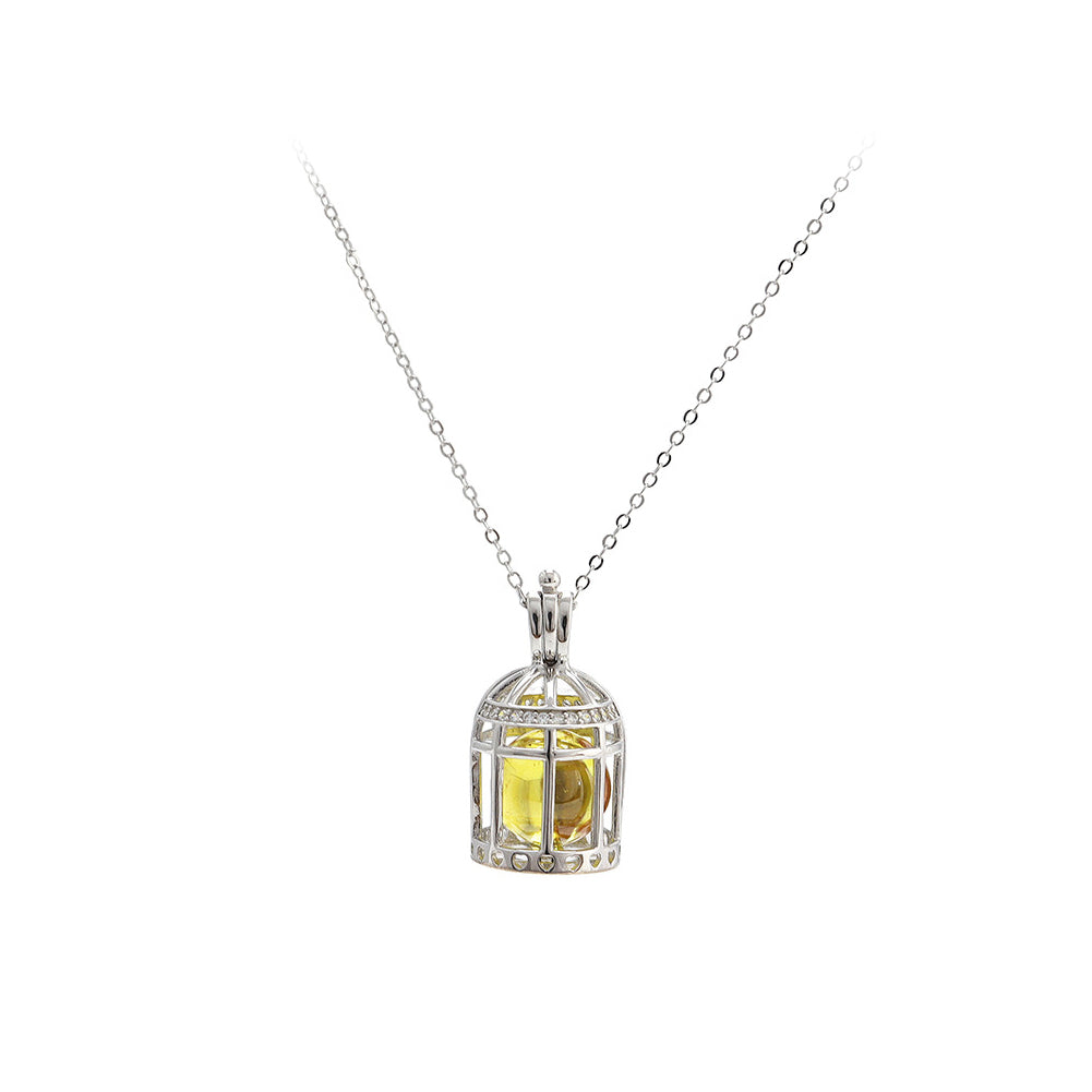 925 Sterling Silver Fashion Simple Bird Cage Yellow Imitation Pearl Pendant with Necklace