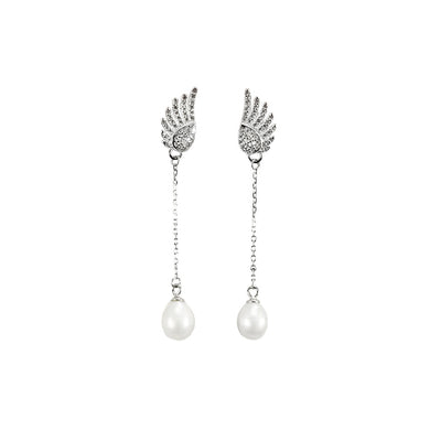 925 Sterling Silver Fashion Simple Angel Wings Freshwater Pearl Tassel Earrings