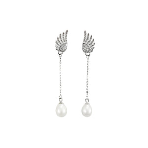 925 Sterling Silver Fashion Simple Angel Wings Freshwater Pearl Tassel Earrings