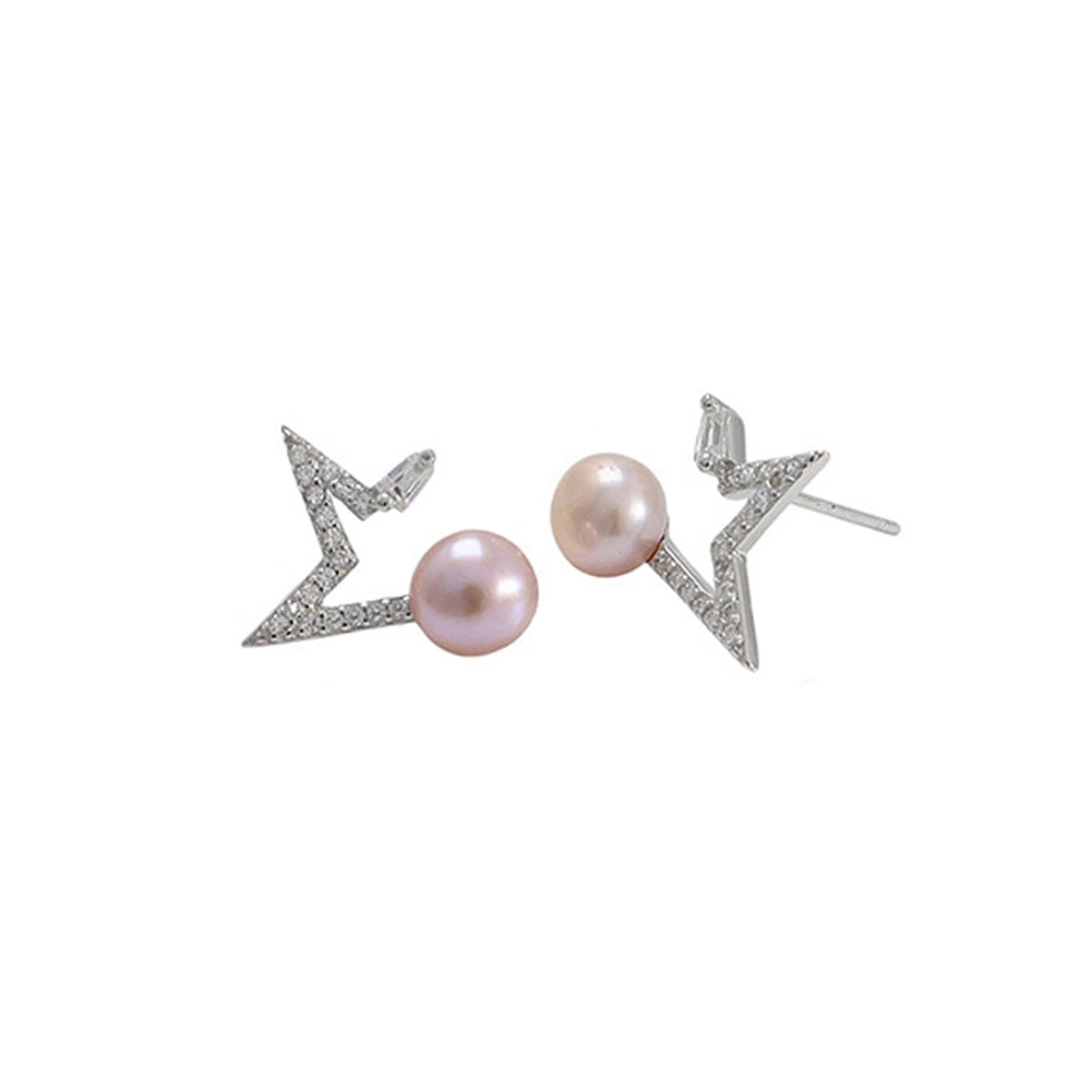 925 Sterling Silver Fashion Simple Star Purple Freshwater Pearl Stud Earrings with Cubic Zirconia