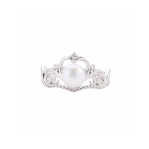 925 Sterling Silver Elegant Noble Heart Crown Freshwater Pearl Adjustable Ring