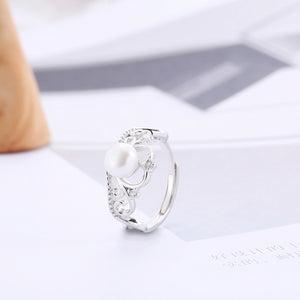 925 Sterling Silver Elegant Noble Heart Crown Freshwater Pearl Adjustable Ring