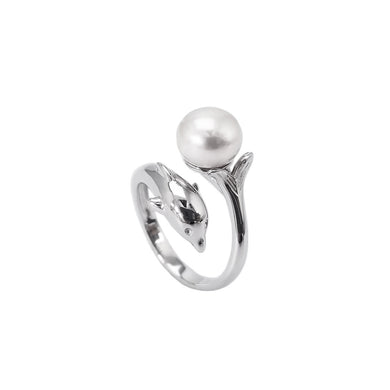 925 Sterling Silver Fashion Creative Dolphin White Freshwater Pearl Adjustable Open Ring
