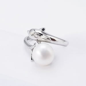 925 Sterling Silver Fashion Creative Dolphin White Freshwater Pearl Adjustable Open Ring