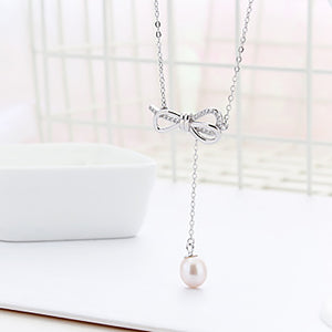 925 Sterling Silver Fashion Simple Ribbon Tassel White Freshwater Pearl Pendant with Necklace
