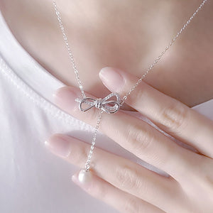925 Sterling Silver Fashion Simple Ribbon Tassel White Freshwater Pearl Pendant with Necklace
