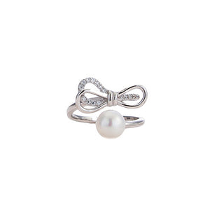 925 Sterling Silver Fashion Simple Ribbon Freshwater Pearl Adjustable Ring with Cubic Zirconia