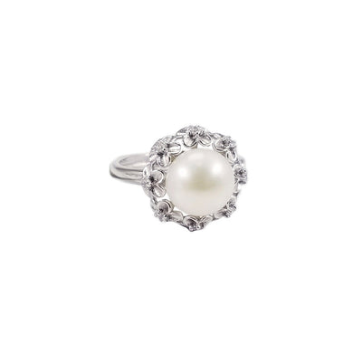 925 Sterling Silver Fashion Elegant Flower White Freshwater Pearl Adjustable Ring