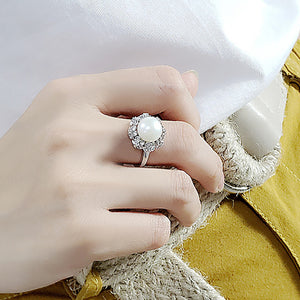 925 Sterling Silver Fashion Elegant Flower White Freshwater Pearl Adjustable Ring