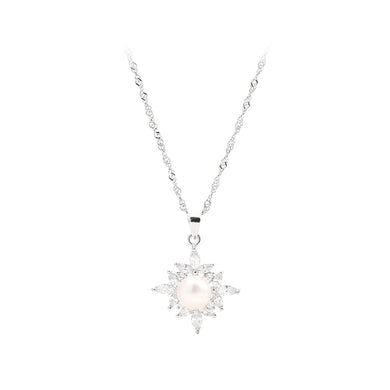 925 Sterling Silver Fashion and Elegant Snowflake Freshwater Pearl Pendant with Cubic Zirconia and Necklace