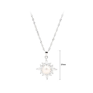 925 Sterling Silver Fashion and Elegant Snowflake Freshwater Pearl Pendant with Cubic Zirconia and Necklace