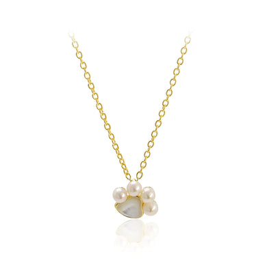 925 Sterling Silver Plated Gold Fashion Cute Dog Paw Freshwater Pearl Pendant with Necklace