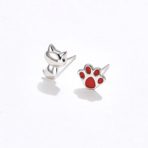 925 Sterling Silver Simple and Cute Cat Paw Asymmetrical Stud Earrings