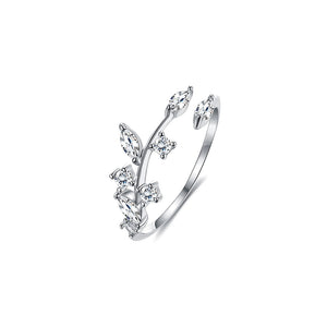 925 Sterling Silver Simple Fashion Leaf Cubic Zirconia Adjustable Opening Ring