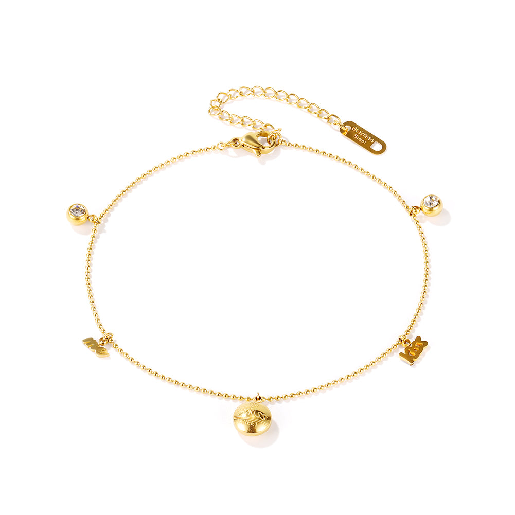 Simple and Fashion Plated Gold Geometric Round Beads English 316L Stainless Steel Anklet