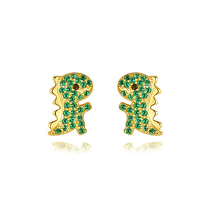 925 Sterling Silver Plated Gold Simple Cute Little Dinosaur Stud Earrings with Green Cubic Zirconia
