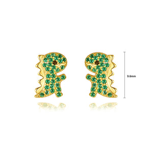 925 Sterling Silver Plated Gold Simple Cute Little Dinosaur Stud Earrings with Green Cubic Zirconia