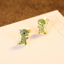Load image into Gallery viewer, 925 Sterling Silver Plated Gold Simple Cute Little Dinosaur Stud Earrings with Green Cubic Zirconia