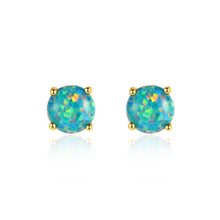 Load image into Gallery viewer, 925 Sterling Silver Plated Gold Simple and Delicate Geometric Round Stud Earrings with Green Imitation Opal