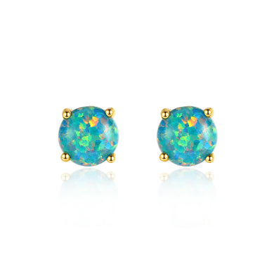 925 Sterling Silver Plated Gold Simple and Delicate Geometric Round Stud Earrings with Green Imitation Opal