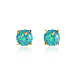 925 Sterling Silver Plated Gold Simple and Delicate Geometric Round Stud Earrings with Green Imitation Opal