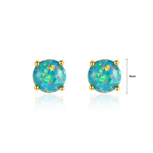 Load image into Gallery viewer, 925 Sterling Silver Plated Gold Simple and Delicate Geometric Round Stud Earrings with Green Imitation Opal