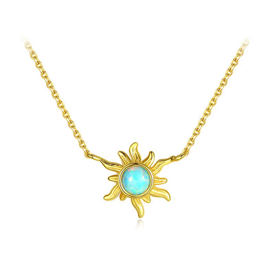 925 Sterling Silver Plated Gold Fashion and Elegant Sunflower Necklace with Blue Imitation Opal