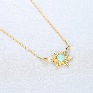 925 Sterling Silver Plated Gold Fashion and Elegant Sunflower Necklace with Blue Imitation Opal