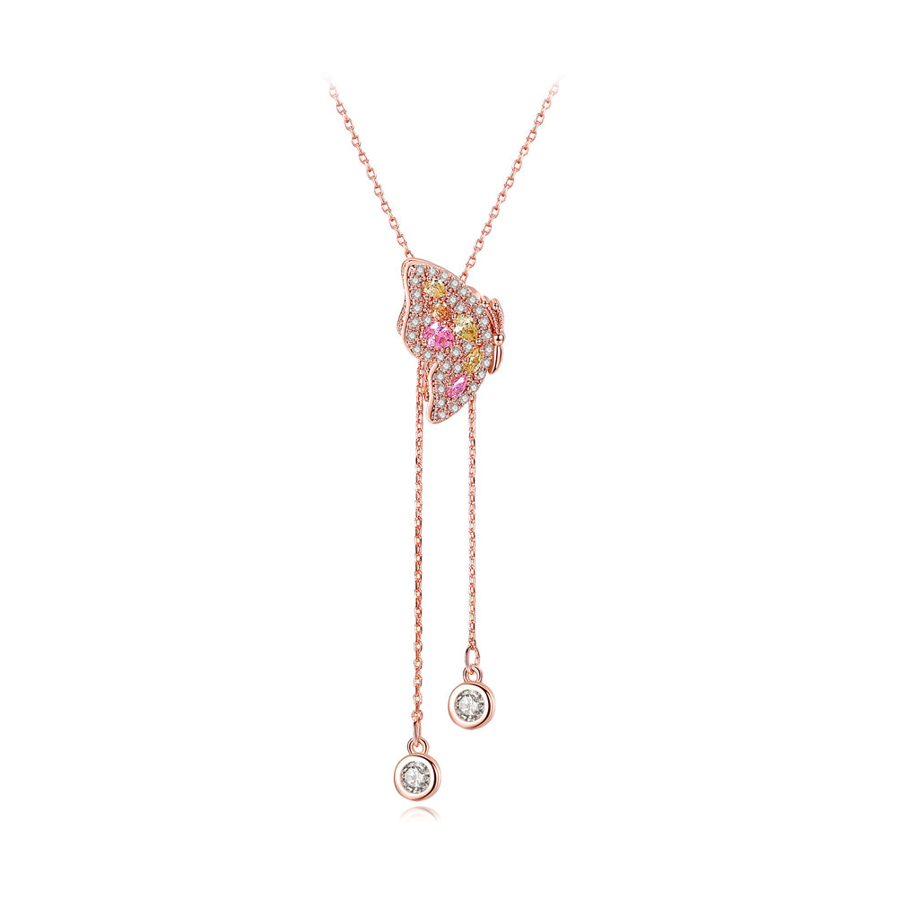 Simple and Fashion Plated Rose Gold Butterfly Cubic Zirconia Tassel Pendant with Long Necklace