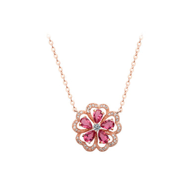 Fashion and Elegant Plated Rose Gold Flower Rose Red Cubic Zirconia Necklace