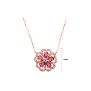 Fashion and Elegant Plated Rose Gold Flower Rose Red Cubic Zirconia Necklace