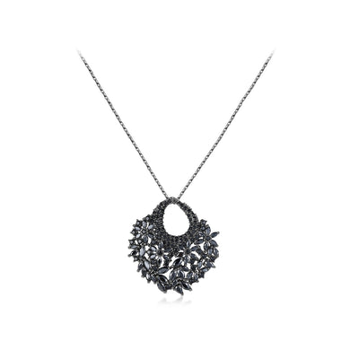 Fashion and Elegant Plated Black Geometric Flower Pendant with Black Cubic Zirconia and Necklace