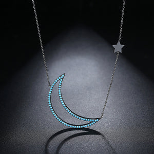 Fashion Simple Hollow Moon Necklace with Blue Cubic Zirconia