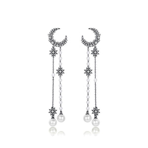Fashion Simple Plated Black Moon Imitation Pearl Tassel Earrings with Cubic Zirconia