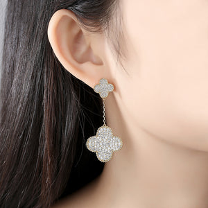 Fashion and Elegant Plated Gold Four-leafed Clover Tassel Earrings with Cubic Zirconia