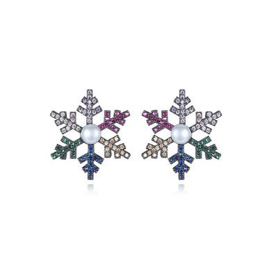 Simple and Fashion Snowflake Imitation Pearl Stud Earrings with Colorful Cubic Zirconia