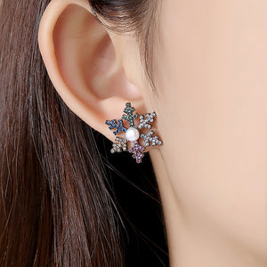 Simple and Fashion Snowflake Imitation Pearl Stud Earrings with Colorful Cubic Zirconia