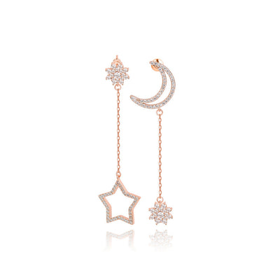Fashion Simple Plated Rose Gold Moon Star Tassel Asymmetric Earrings with Cubic Zirconia